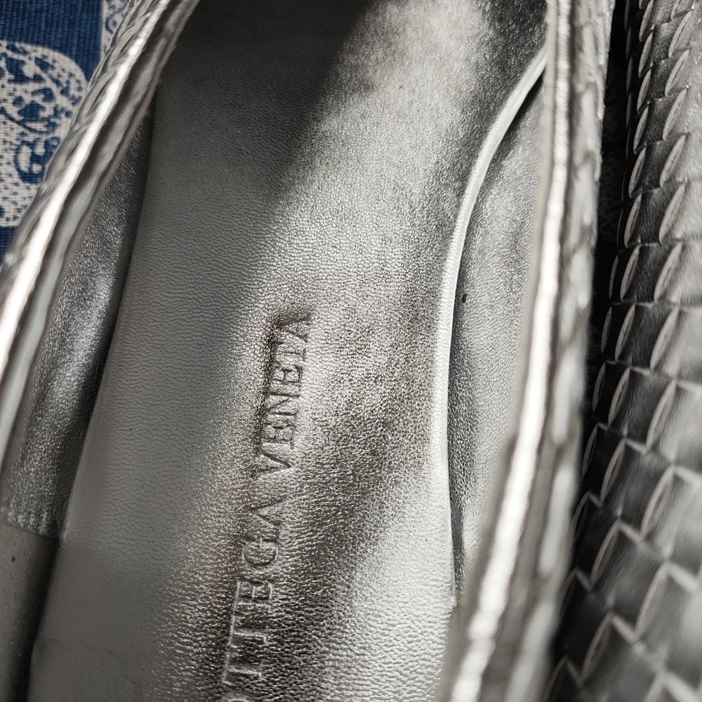 Bottega Veneta Silver Woven Leather Ballet Flats